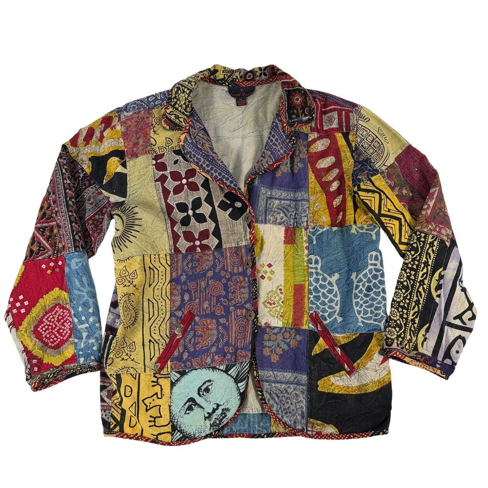 Sacred Threads Patchwork Jacket Size M Multicolor 100% Cotton Boho India Button
